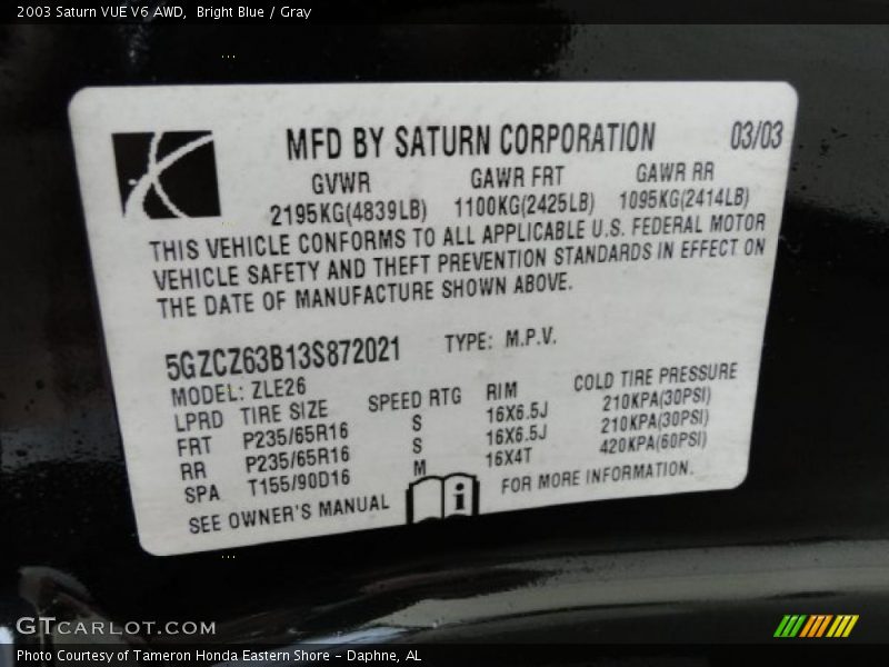 Bright Blue / Gray 2003 Saturn VUE V6 AWD