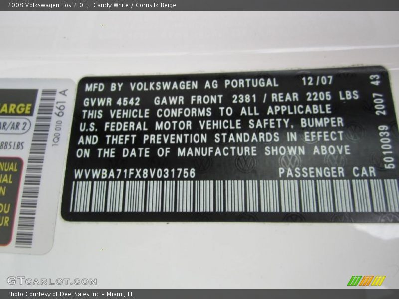 Candy White / Cornsilk Beige 2008 Volkswagen Eos 2.0T