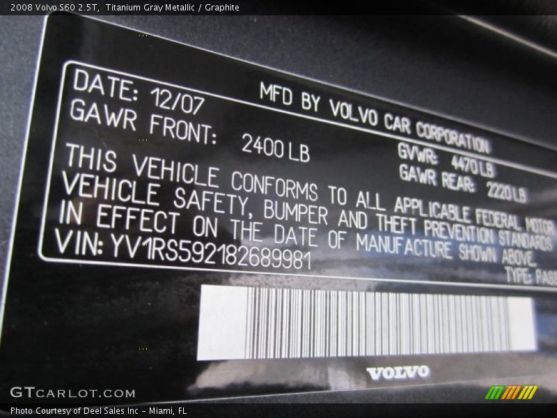 Titanium Gray Metallic / Graphite 2008 Volvo S60 2.5T