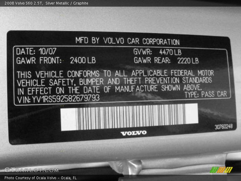 Silver Metallic / Graphite 2008 Volvo S60 2.5T