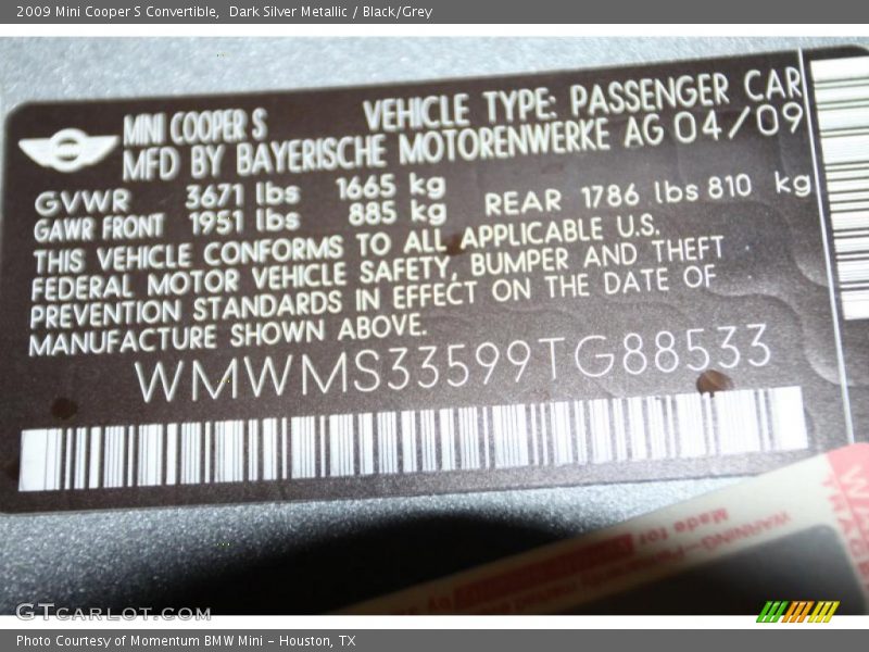 Dark Silver Metallic / Black/Grey 2009 Mini Cooper S Convertible