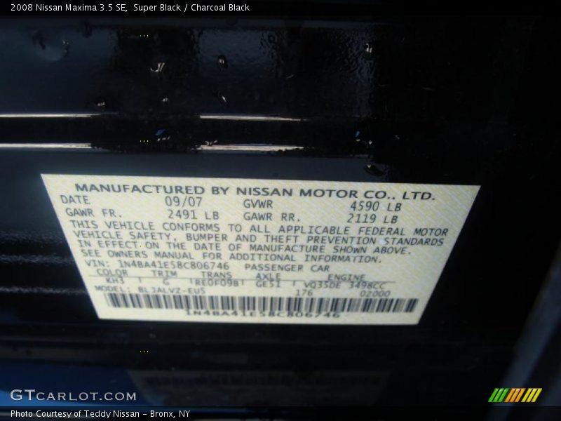 Super Black / Charcoal Black 2008 Nissan Maxima 3.5 SE