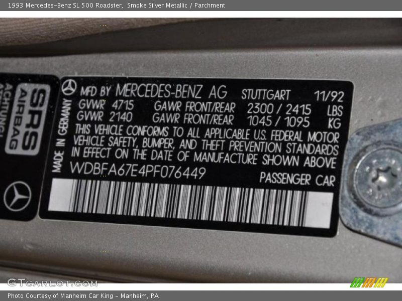 Smoke Silver Metallic / Parchment 1993 Mercedes-Benz SL 500 Roadster