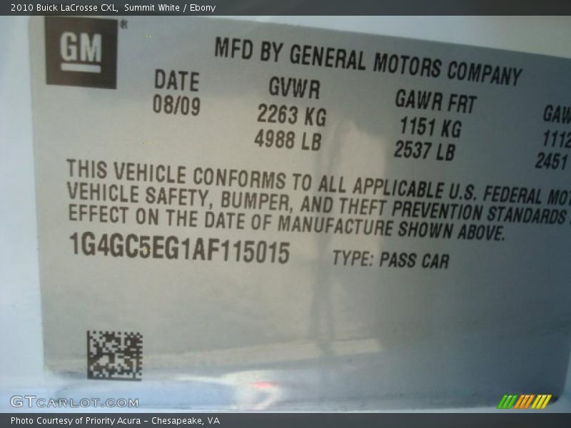 Summit White / Ebony 2010 Buick LaCrosse CXL