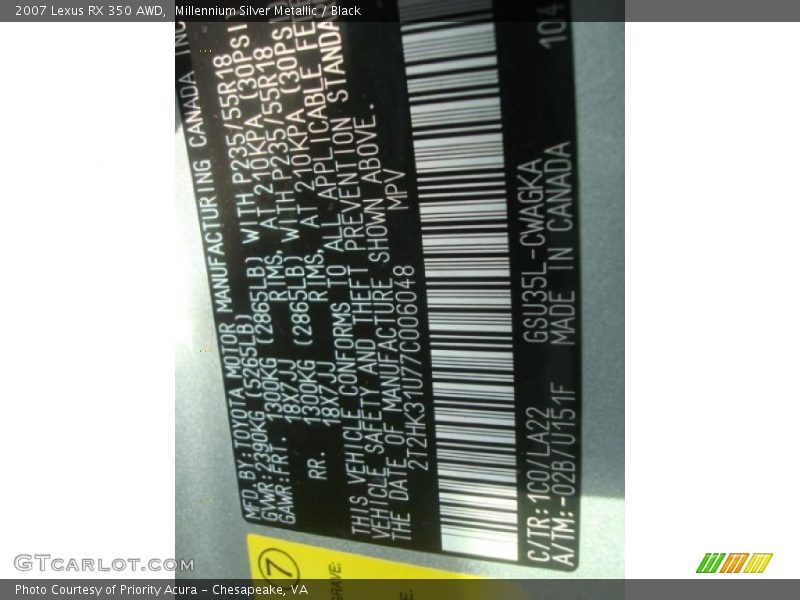 Millennium Silver Metallic / Black 2007 Lexus RX 350 AWD