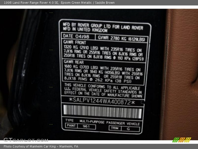 Epsom Green Metallic / Saddle Brown 1998 Land Rover Range Rover 4.0 SE