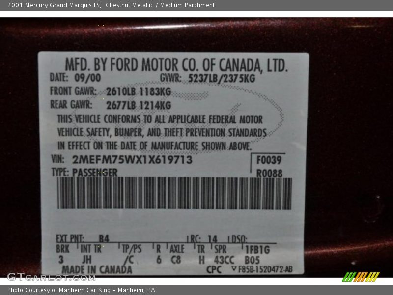 Chestnut Metallic / Medium Parchment 2001 Mercury Grand Marquis LS