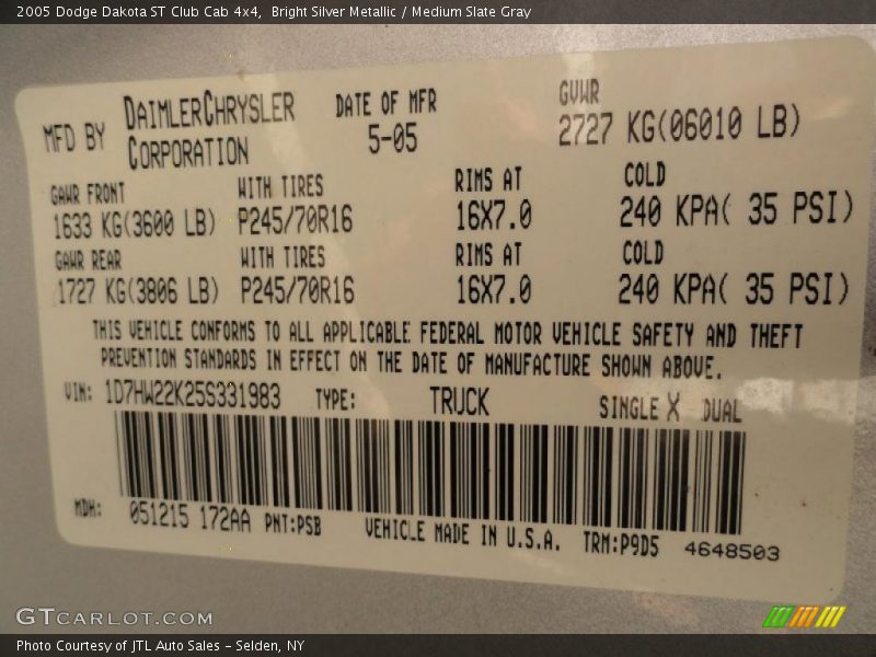 2005 Dakota ST Club Cab 4x4 Bright Silver Metallic Color Code PSB