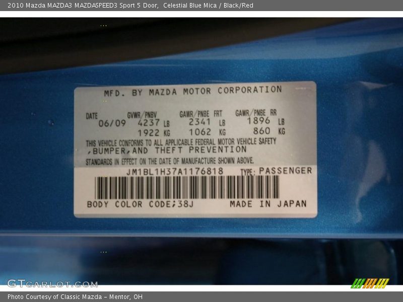 2010 MAZDA3 MAZDASPEED3 Sport 5 Door Celestial Blue Mica Color Code 38J