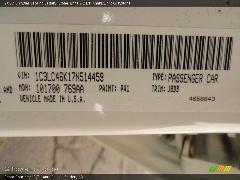 Stone White / Dark Khaki/Light Graystone 2007 Chrysler Sebring Sedan