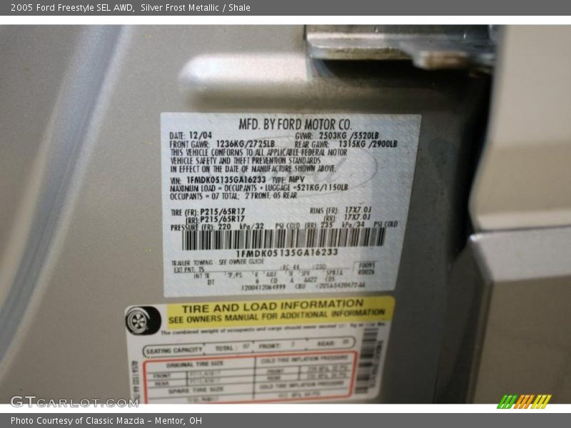 2005 Freestyle SEL AWD Silver Frost Metallic Color Code TS
