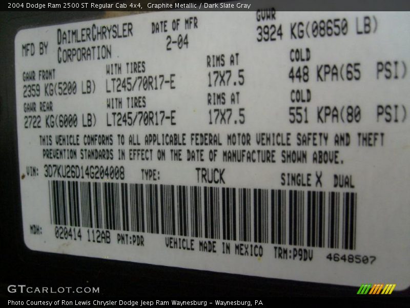 2004 Ram 2500 ST Regular Cab 4x4 Graphite Metallic Color Code PDR