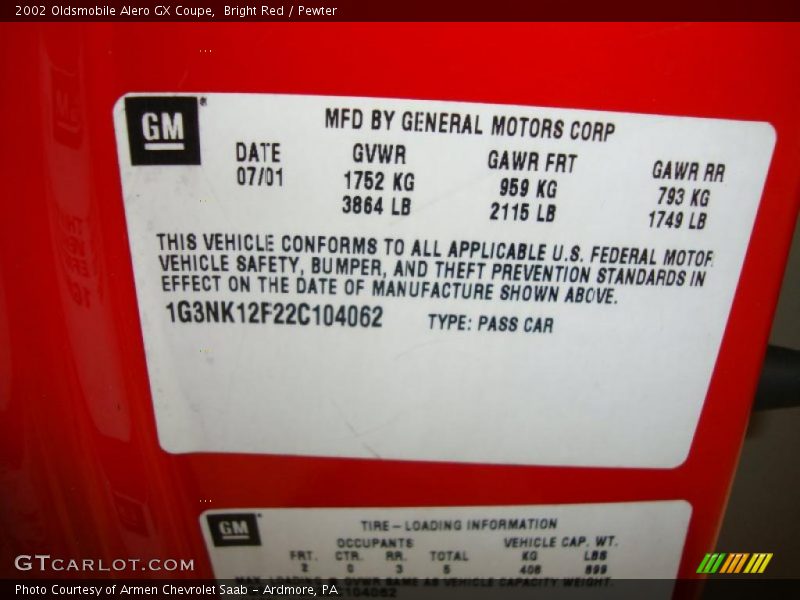 Bright Red / Pewter 2002 Oldsmobile Alero GX Coupe