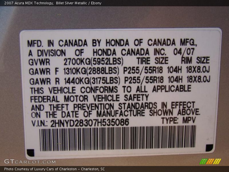 Billet Silver Metallic / Ebony 2007 Acura MDX Technology