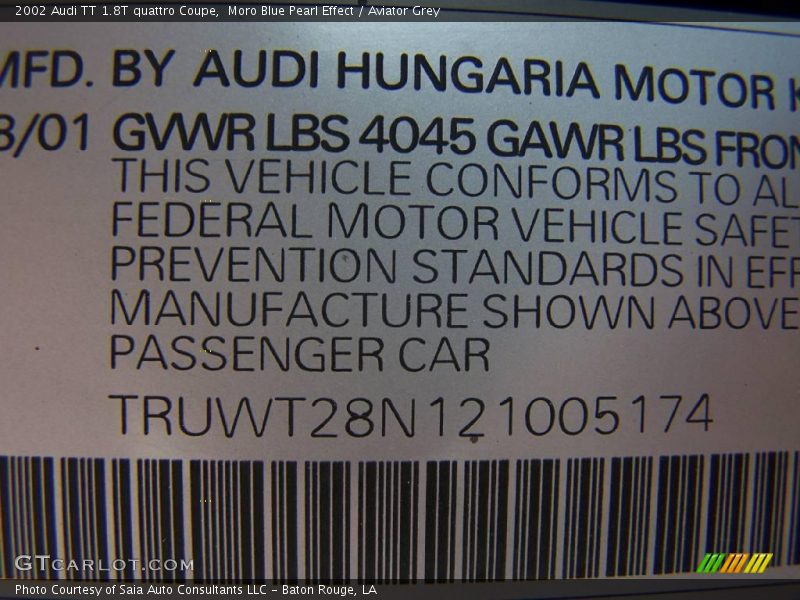 Moro Blue Pearl Effect / Aviator Grey 2002 Audi TT 1.8T quattro Coupe