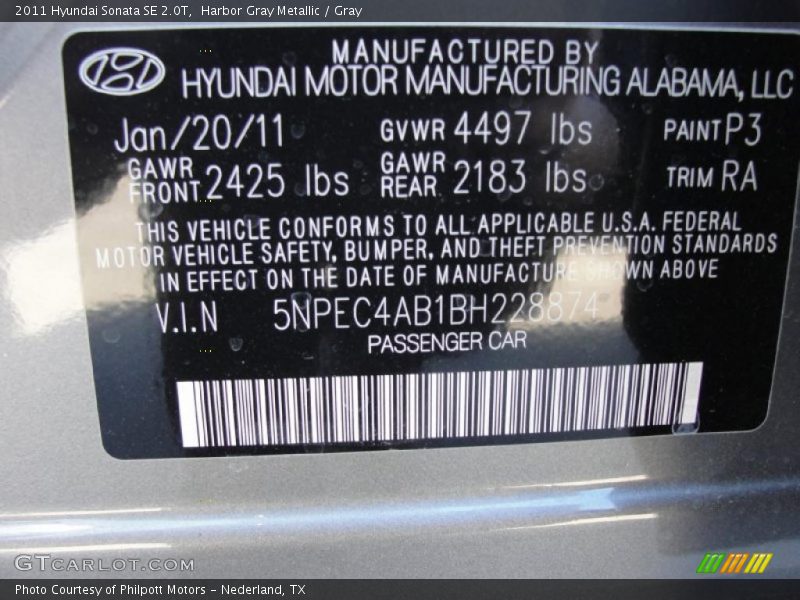 2011 Sonata SE 2.0T Harbor Gray Metallic Color Code P3