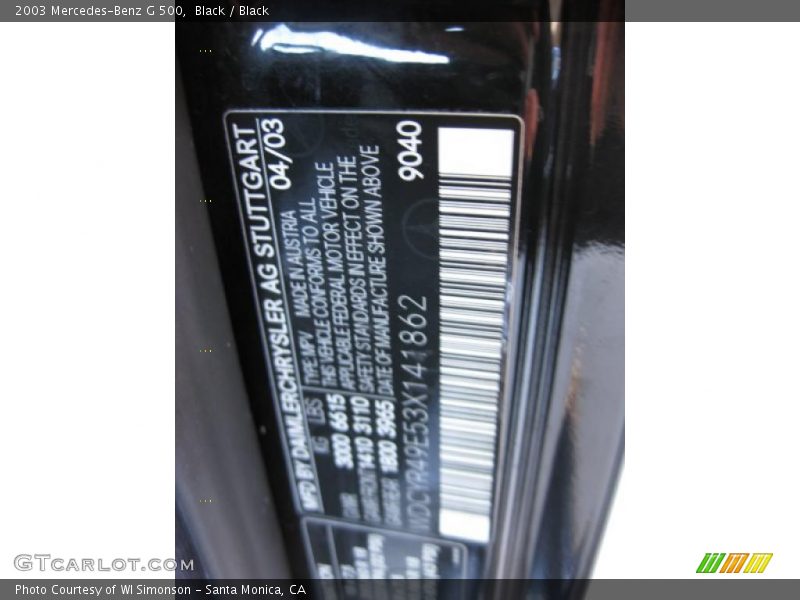 2003 G 500 Black Color Code 040