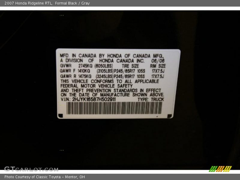 Formal Black / Gray 2007 Honda Ridgeline RTL
