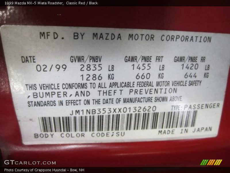 1999 MX-5 Miata Roadster Classic Red Color Code SU