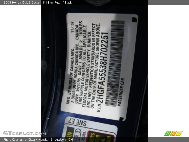Fiji Blue Pearl / Black 2008 Honda Civic Si Sedan