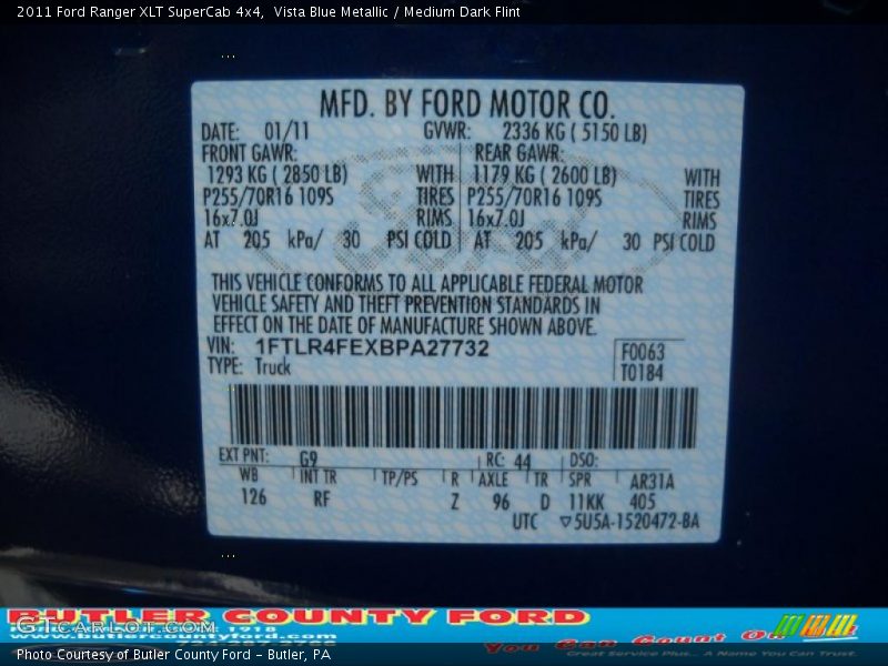 Vista Blue Metallic / Medium Dark Flint 2011 Ford Ranger XLT SuperCab 4x4