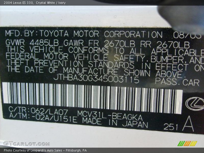 Crystal White / Ivory 2004 Lexus ES 330