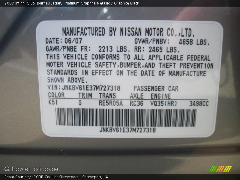 2007 G 35 Journey Sedan Platinum Graphite Metallic Color Code K51
