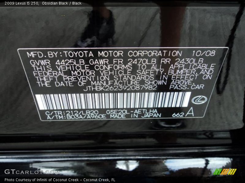 Obsidian Black / Black 2009 Lexus IS 250