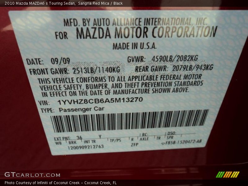 2010 MAZDA6 s Touring Sedan Sangria Red Mica Color Code 36Y