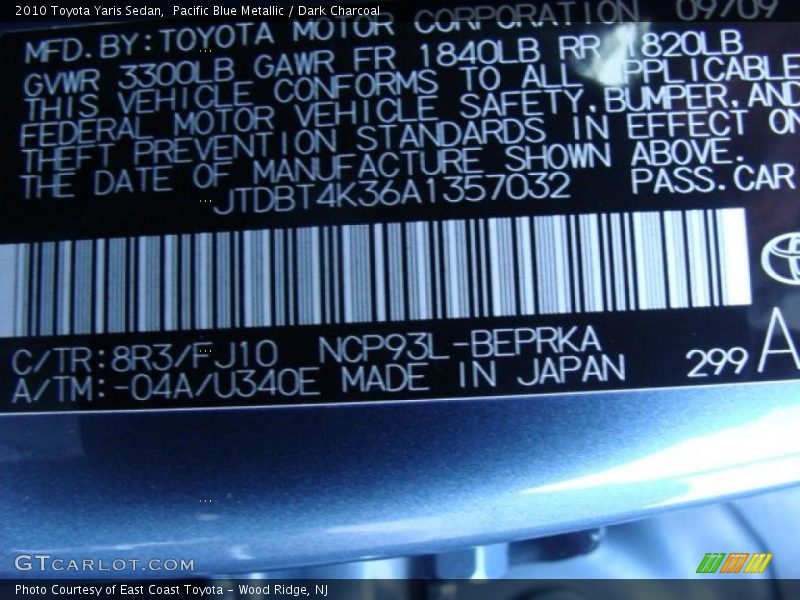 Pacific Blue Metallic / Dark Charcoal 2010 Toyota Yaris Sedan