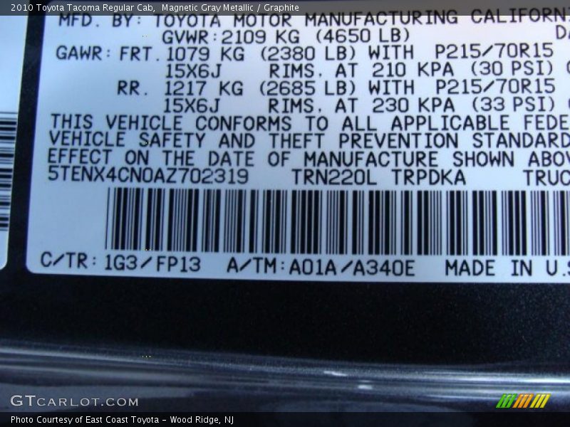 Magnetic Gray Metallic / Graphite 2010 Toyota Tacoma Regular Cab
