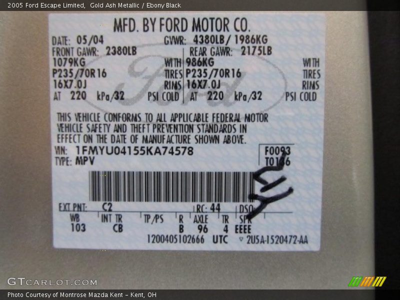 2005 Escape Limited Gold Ash Metallic Color Code C2