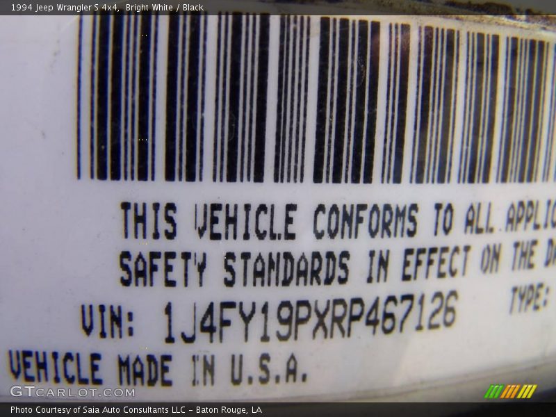 Bright White / Black 1994 Jeep Wrangler S 4x4
