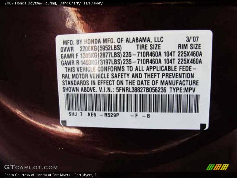 2007 Odyssey Touring Dark Cherry Pearl Color Code R529P