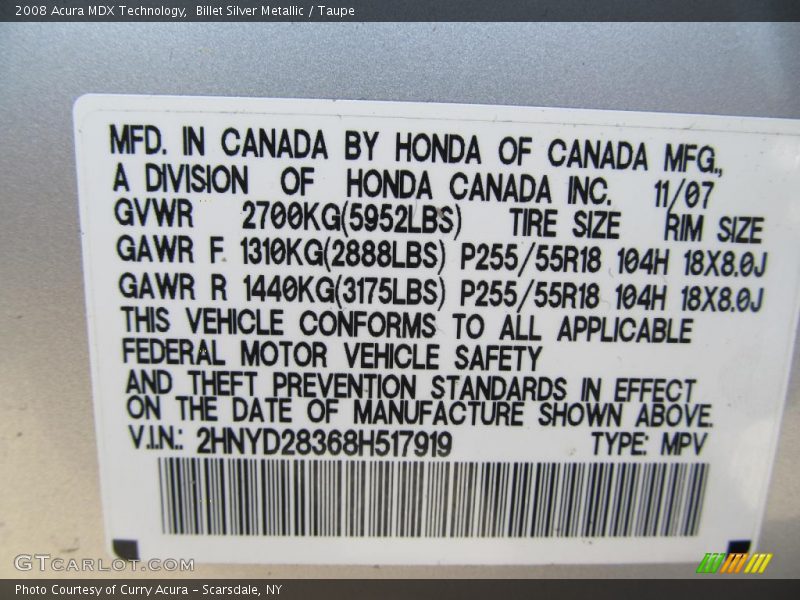 Billet Silver Metallic / Taupe 2008 Acura MDX Technology