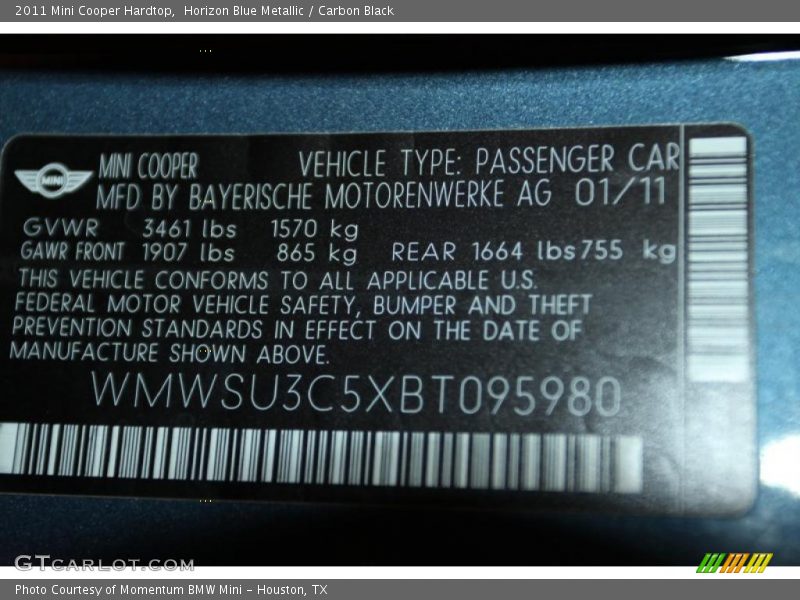 Horizon Blue Metallic / Carbon Black 2011 Mini Cooper Hardtop