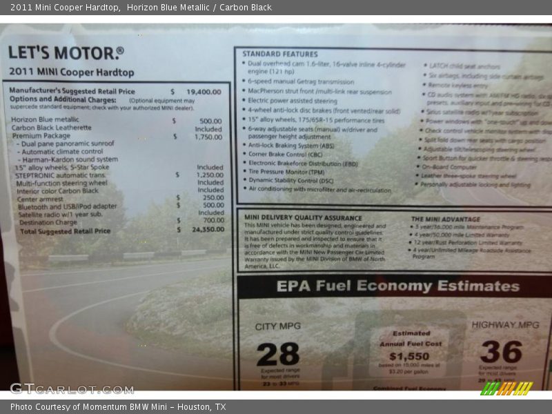 Horizon Blue Metallic / Carbon Black 2011 Mini Cooper Hardtop