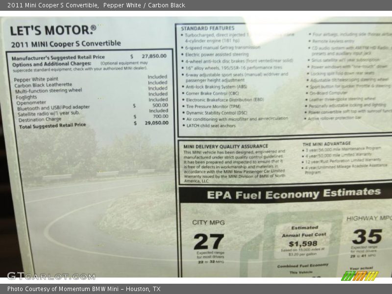  2011 Cooper S Convertible Window Sticker