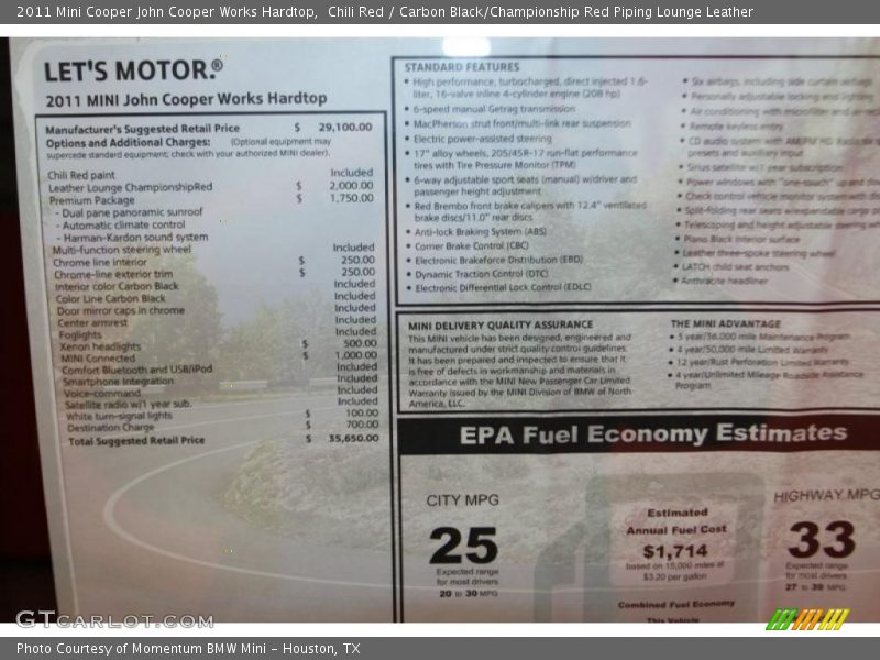Chili Red / Carbon Black/Championship Red Piping Lounge Leather 2011 Mini Cooper John Cooper Works Hardtop