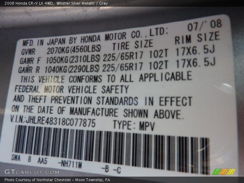 Whistler Silver Metallic / Gray 2008 Honda CR-V LX 4WD