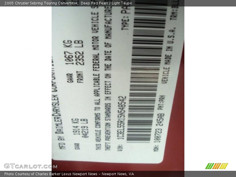 Deep Red Pearl / Light Taupe 2005 Chrysler Sebring Touring Convertible
