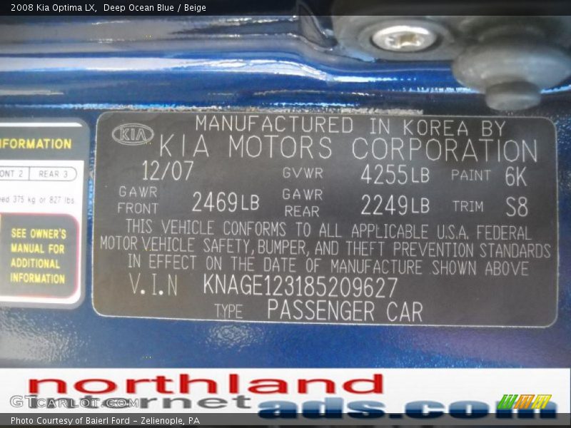 Deep Ocean Blue / Beige 2008 Kia Optima LX