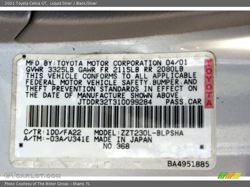 2001 Celica GT Liquid Silver Color Code 1D0