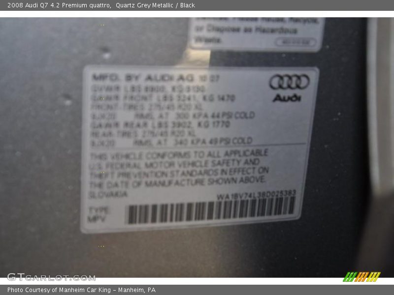 Quartz Grey Metallic / Black 2008 Audi Q7 4.2 Premium quattro