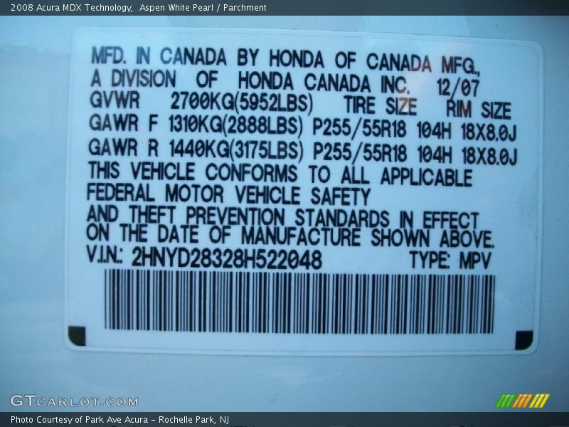 Aspen White Pearl / Parchment 2008 Acura MDX Technology