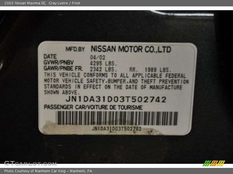 Gray Lustre / Frost 2003 Nissan Maxima SE