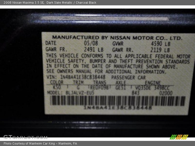 Dark Slate Metallic / Charcoal Black 2008 Nissan Maxima 3.5 SE