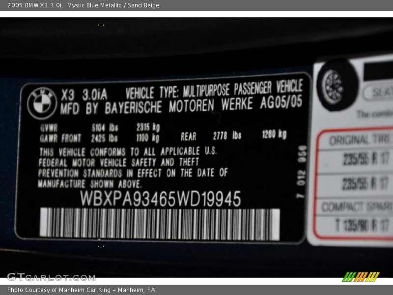 Mystic Blue Metallic / Sand Beige 2005 BMW X3 3.0i