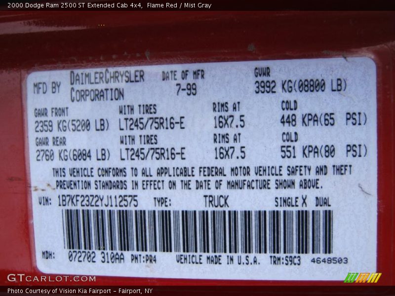 Flame Red / Mist Gray 2000 Dodge Ram 2500 ST Extended Cab 4x4