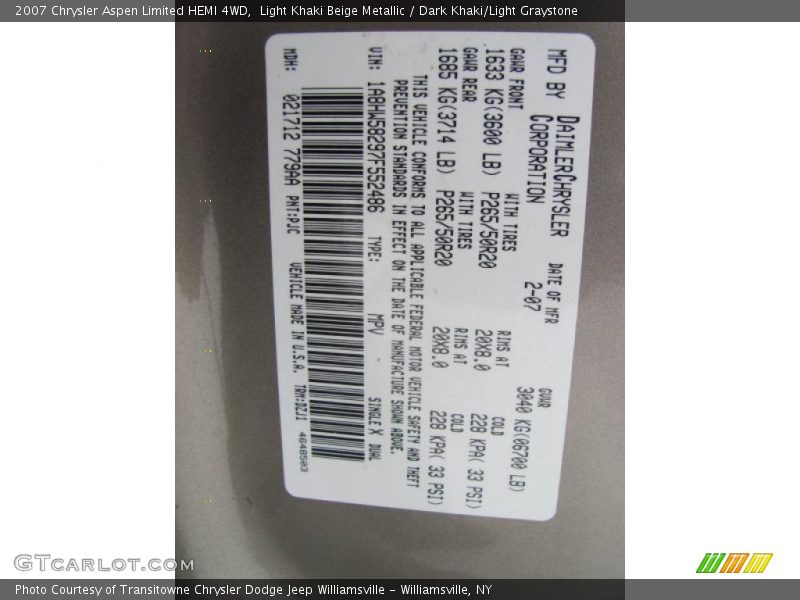 Light Khaki Beige Metallic / Dark Khaki/Light Graystone 2007 Chrysler Aspen Limited HEMI 4WD
